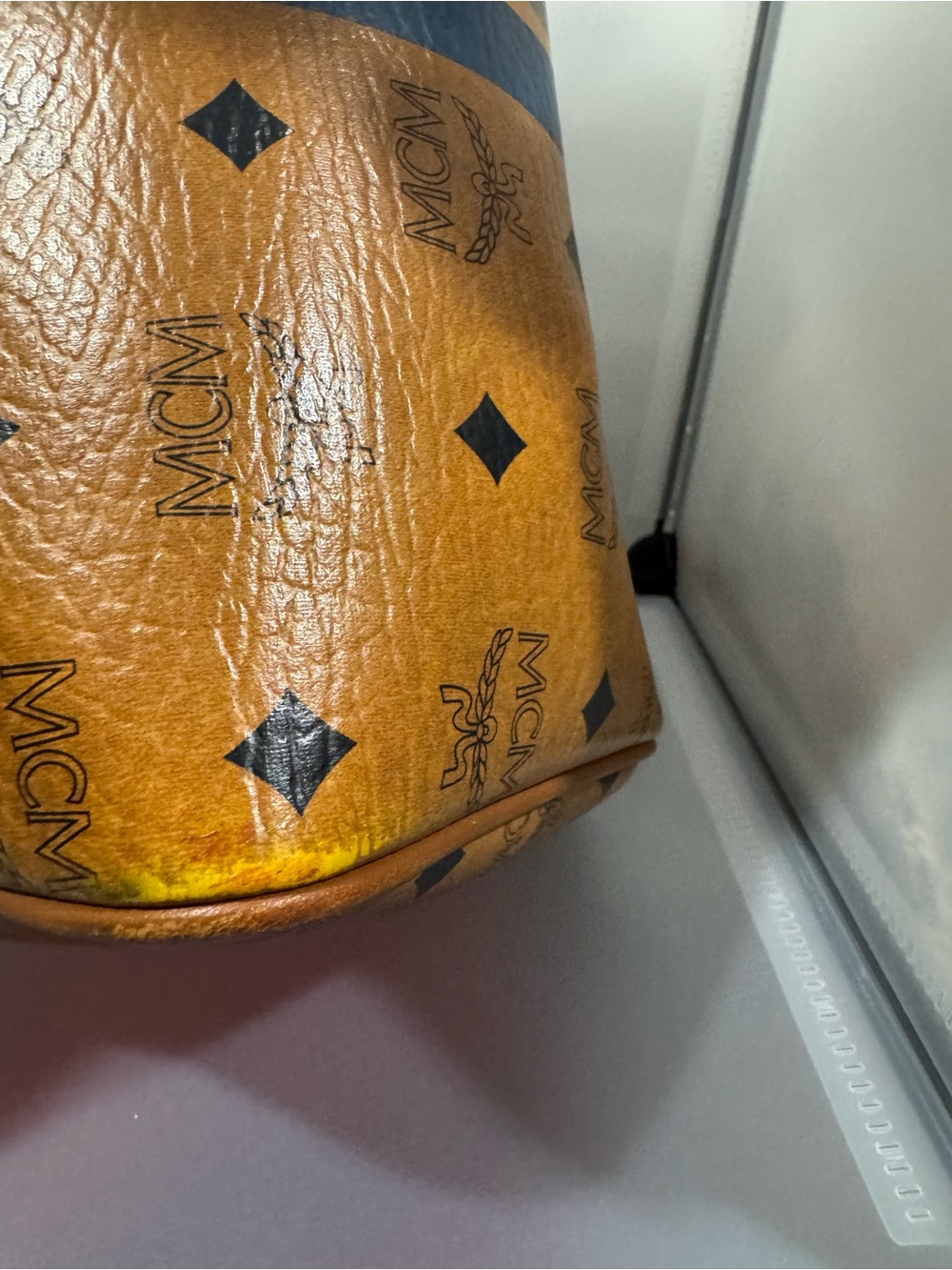 MCM Cognac Visetos Bowling Bag with Navy and Gold Stripe - Picture 9 of 15